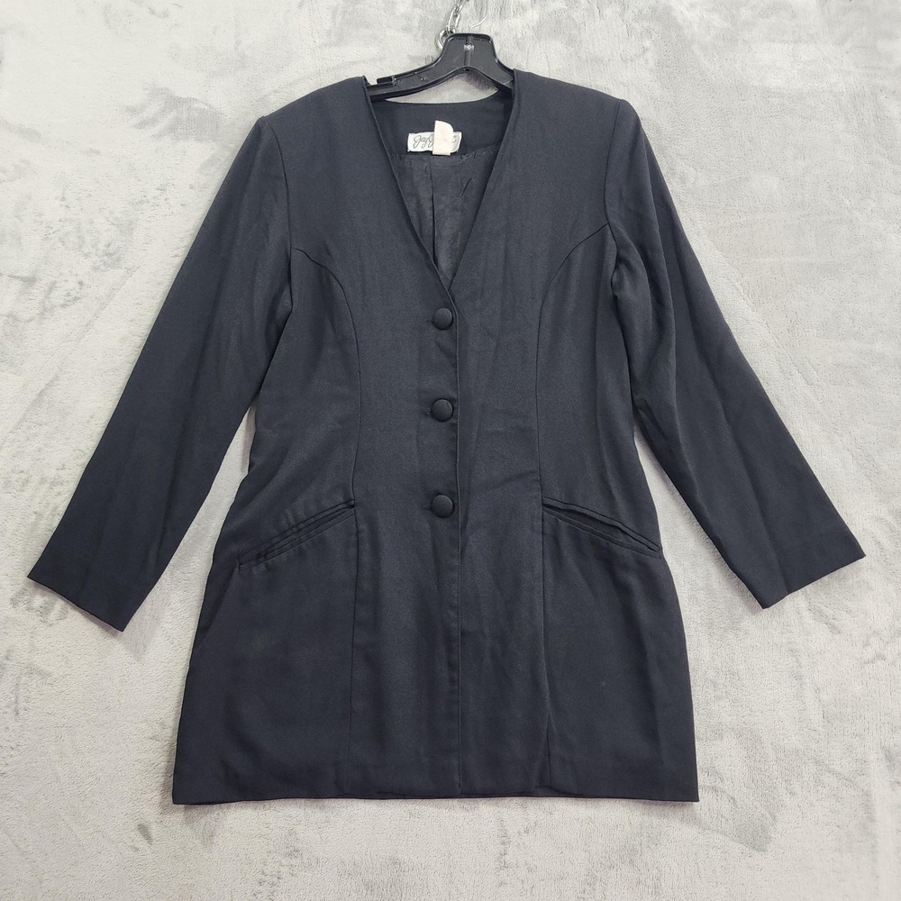 Vintage Jay Jacobs Blazer Jacket Womens M Black Collarless Longline Office Goth‎